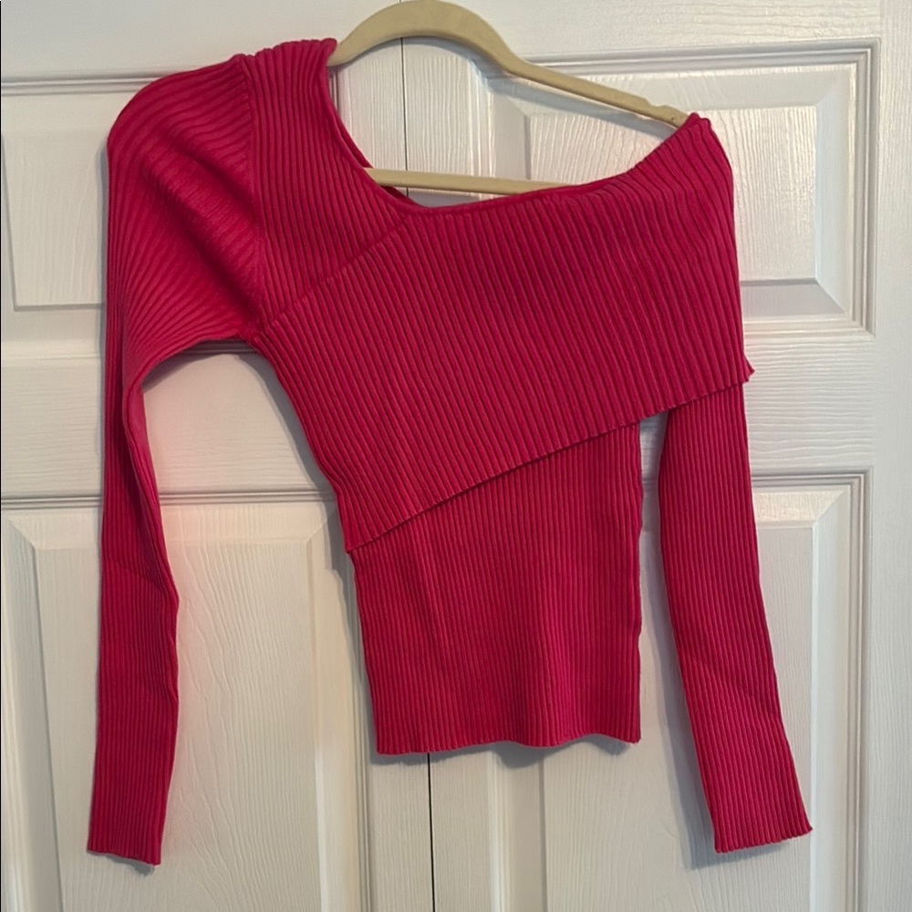 Ribbed Off-Shoulder Long Sleeve Sweater - Pink